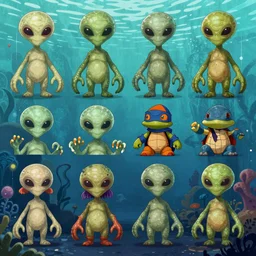 vintage friend shaped little alien race with webbed tentacle arms as playable characters design sheets for the newest psychonauts video game made by double fine done by tim shafer that focuses on an ocean setting with help from the artists of odd world inhabitants inc and Lauren faust from her work on dc superhero girls and lead artist Andy Suriano from rise of the teenage mutant ninja turtles on nickelodeon using artistic cues for the game fret nice