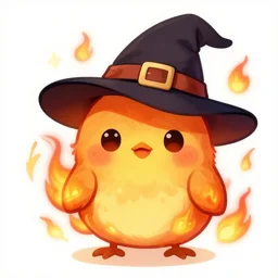 cute fiery bird wearing a witch\'s hat. kawaii, adorable, digital art, trending on artstation, fiery bird, anime art by Aokamei and Ross Tran