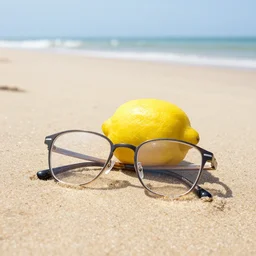 a photo of a lemon with glasses on lying on the beach on a bright summer day, low angle