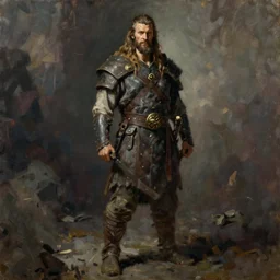 a full body, fantasy portrait oil painting illustration of a single rugged stoic barbarian man by Justin Sweet with face and body clearly visible, d&d, rpg, forgotten realms, artstation trending, high quality, sombre mood, artstation trending, muted colours, no crop, entire character!,