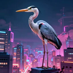 gigantic stork heron standing above city, cinematic, neon colors, epic composition, massive scale