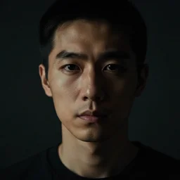 a masculine man with thin face lines, low - key lights cinematographic, high contrats, deep darks