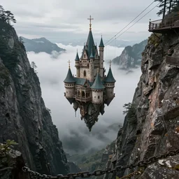 cinematic view of a floating castle in the middle of the mountain hanging by cables and chains, in between a gorge, below only cloud dark void, 8 k resolution, octane,