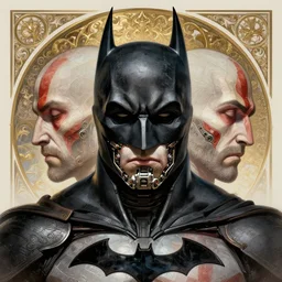 symmetry!! portrait ofbatman in the style of god of war, machine parts embedded into face, intricate, elegant, highly detailed, digital painting, artstation, concept art, smooth, sharp focus, illustration, art by artgerm and greg rutkowski and alphonse mucha, 8 k