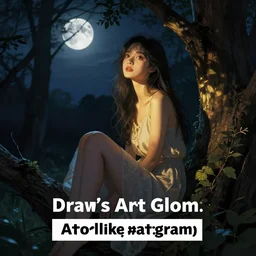 dark forest at night illuminated by moonlight, beautiful girl sitting in a tree, in the style artgerm, digital art, trending