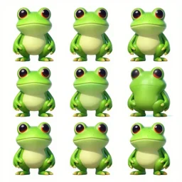 cyberpunk frog character by Esao Andrews, character concept art, character modeling, each sprite is a different character, full page grid sprite sheet, science fiction, rich colors