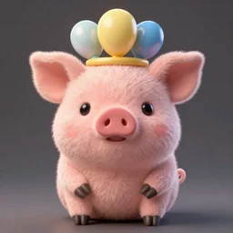 a cute plush pig with a balloon crown. Detailed digital art by greg rutkowski, Thomas kinkade, Keith Parkinson, artstation, cgsociety, deviantart, 8k, HD