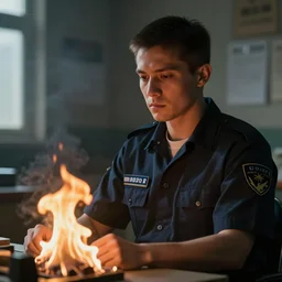 an ultra realistic, cinematic photograph of a male prison guard, sat in an office, fire, dramatic, soft light, dreamy, facial features, detailed, deep focus, movie still, dramatic lighting, ray tracing, by michal karcz and yoshitaka