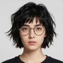young beautiful sally hawkins look - alike with round big glasses, shagged short asymmetral black hair, in the style of gustave coubert