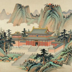 buddhist temple in the mountains, traditional chinese painting,
