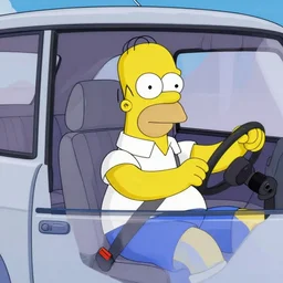 Photo of excited Homer Simpson sitting in the driver seat of a LADA VAZ-1111