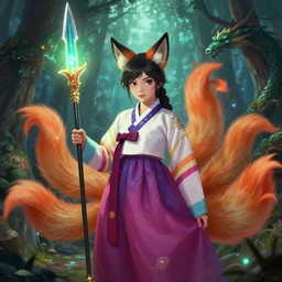 ahri!!!!!!, by yuumei | by wlop | fantasy | hanbok!!! | holding a glowing spear | mystical forest | dragon | digital | very detailed | by natalie shau | portrail | the nine - tailed!!! fox | league of lengeds