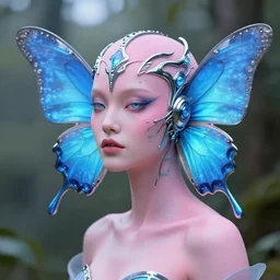 natural light, soft focus portrait of a cyberpunk anthropomorphic butterfly with soft synthetic pink skin, blue bioluminescent plastics, smooth shiny metal, elaborate ornate head piece, piercings, skin textures, by annie leibovitz, paul lehr
