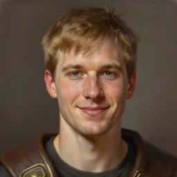 a _ fantasy _ style _ portrait _ painting _ of white male short fringe light brown hair short head smiling clean shaven round face rpg dnd oil _ painting _ unreal _ 5 _ daz. _ rpg _ portrait _ extremely _ detailed _ artgerm _ greg _ rutkowski _ greg
