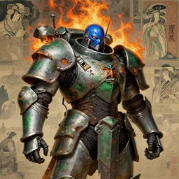 composition of gothic and futuristic, warhammer, cyber japan style armor, more and more scars, firerstorm, blue head, some green and orange, the middle ages, highly detailed, artstation, in the style of moebius, jugendstil and classic japanese print, art by jean delville