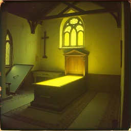 a glowing coffin in a dilapidated church, creepy, polaroid, color