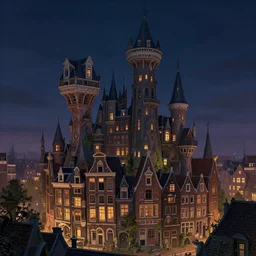 a magical town with a few very tall crooked buildings, inspired by amsterdam and victorian england, night time, magical realism, dreamlike, digital painting, highly detailed, concept art, game art, matte painting, trending on artstation, octane render, 8 k, unreal engine