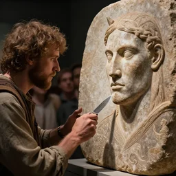 a ultra high resolution stone age man discovers art. a man shows off his interpretation of a horse etched on a piece of horn by a stone knife to an awe struck audience. - circa 1 2, 0 0 0 b. c., high qulity realistic face, hyper - realistic, highly detailed, 8 k, cinematic lighting, global illumination, elegant, ornate, super detail, the