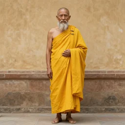 an old eastern monk full body photo, wearing a yellow toga. digital art