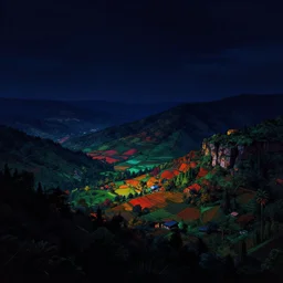 Sci-Fi dark high contrast nighttime colorful wallpaper of a beautiful landscape by Donato Giancola , digital art, trending on artstation, 4k, high detail, no noise, low light