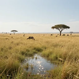 distant wildlife on the african plains, long grass, sparkling water, glistening, hyper realistic, hyper detailed, digital art, trending in artstation, cinematic lighting, studio quality, smooth render, unreal engine 5 rendered, octane rendered, by paul lehr