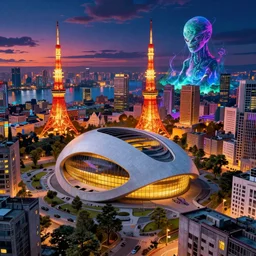a beautiful photorealistic rendering of architecture orpheum abandoned urbex city by arne jacobsen, thermal imaging at night retrowave tokyo nature studio ghibli at dusk lake alien myst magic realism thermal vision vaporwave fisheye, archdaily, wallpaper, highly detailed, trending on artstation.