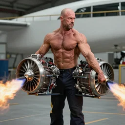 a muscular bald man carrying two turbine engines with fire spitting out