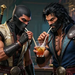 real life mortal kombat scorpion and subzero drinking from a glass with straw