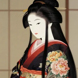 close - up of a gorgeous japanese princess, long hair, beautiful intricately decorated clothing with peonies, half length view, 3 / 4 side view, shallow depth of field, matte painting by karole bak, by hasui kawase, noriyoshi ohrai, mohrbacher