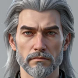 face closeup covered with 4 0 year old caucasian man, symmetric face, serious medium look, medium sized eyebrows, gren grey eyes, pale skin, silver grey ned kelly beard with some black hairs, shoulder long silver grey hair,, 3 d render, hyper - realistic detailed portrait, ruan jia, wlop