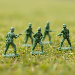 5 green plastic toy soldiers in a middle of a battle on a grassland. close up. DOF 100mm. F/1.8 45 45 degrees angle