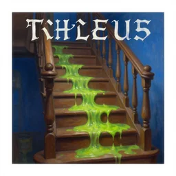fantasy oil painting, green slime oozing down a brown oak staircase at, nighttime blue, cottagecore, extremely detailed, book cover illustration, concept art, readability, smooth, sharp focus, art by brothers hildebrandt