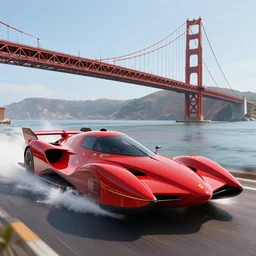 concpet art featuring a futuristic red racing speedboat designed in the style of ferrari racing under the golden gate bridge. fine detail. surf. this 4 k hd image is trending on artstation, featured on behance, well - rendered, extra crisp, features intricate detail, epic composition and the style of unreal engine.