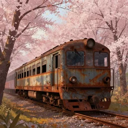 a rusty abandoned train in a forest of cherry blossoms, magic hour, digital illustration, autumn, by pete mohrbacher, by garis edelweiss