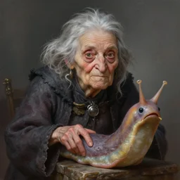 character concept portrait, old gray hag with a pet giant slug, digital painting, detailed, highly detailed, vivid colors smooth, sharp focus, illustration by ruan jia and mandy jurgens and william - adolphe bouguereau, artgerm