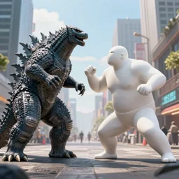 giant white man fighting Godzilla in the city, 4k