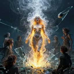 molten priestess in a chaotic storm of liquid smoke, by petros afshar, sabbas apterus, brian sum, ross tran, tom whalen, shattered glass, bubbly underwater scenery, radiant light