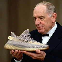john paul ii admiring a yeezy shoe sneaker which he holds in his hands