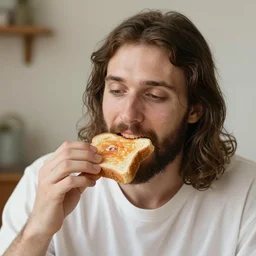 photo realistic portrait of jesus eating toast, made with crayons