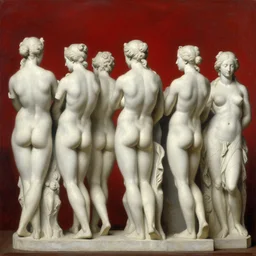 detailed white stone female statures's back lined up, oil paint, classic art, 1 6 century style, volume light, in the style of beksinski, parts by edward hopper, parts by rodcenko, parts by yue minjun, diego velazquez, intricate and epic composition, red by caravaggio, insanely quality, highly detailed, masterpiece, red light, artstation, 4 k