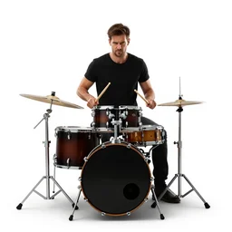 fierce drummer with sticks, high detail digital art, full body, standing, isolated on a pure white background, centered, whole figure in frame, sharp focus, studio lighting