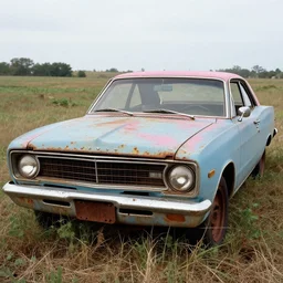 A photograph of a heavily rusty, heavily worn out, heavily broken down, heavily used, decaying, beater 1976 Powder Blue Dodge Aspen in a farm field, photo taken in 1989