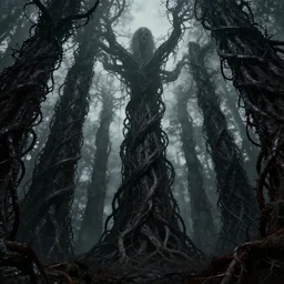 Tall creepy surrounded by gigantic tall dark scary thorny plant vines