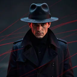 man wearing a dark fedora hat and black trenchcoat, stunning dramatic picture with red lines, cinematic colour palette with iridescent highlights, by andrei riabovitchev, peter mohrbacher, wlop, shaun tan