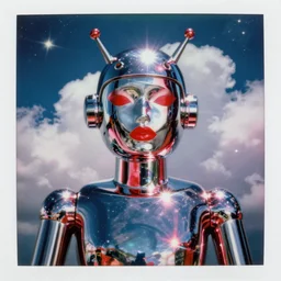 analog polaroid portrait of a chrome android, bright red lipstick, Hajime Sorayama, sheen, red reflections, unreal engine, azure sky, big clouds visible, sunlight, reflection, sparkles, space, stars, nebula, lensflare, film grain, depth of field, color bleed