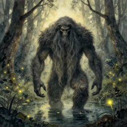 monster with very long hair in a forest pond, fireflies flying. watercolor fairytale art, russian romanticism, muted palette, intricate details, backlighting
