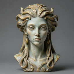 a beautiful and exotic alien queen art nouveau bust portrait by malleus rock art, perfect symmetrical facial features, confident piercing eyes, extremely hyperdetailed
