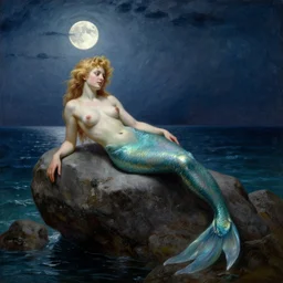 masterpiece full body portrait of a beautiful mermaid with curly blonde hair reclining on a rock on the edge of the sea in the moonlight, classical oil painting