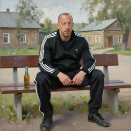 vin diesel in an black sport adidas suite sits on a bench with a bottle of beer in the courtyard of a provincial russian town, oil on canvas, naturalism