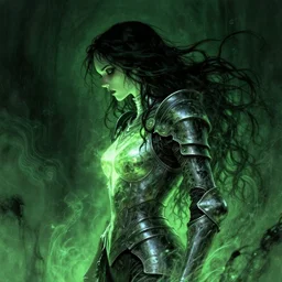 side profile, imogen poots, possessed, corrupted, armor, luminescent, haunted, evil inky swirly ripples, sickly green colors, by greg manchess, huang guangjian, gil elvgren, sachin teng, greg rutkowski, jesper ejsing, ilya kuvshinov